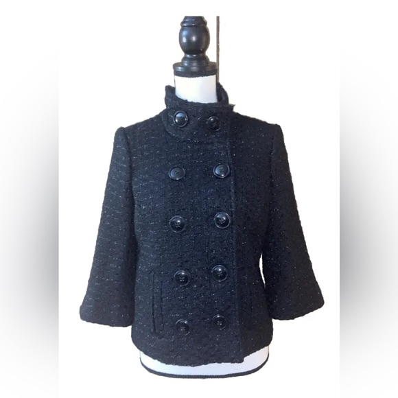 Guess Womens MD Double Breasted Black Sparkly 3/4 Sleeves Short Peacoat NWOT - Picture 2 of 13